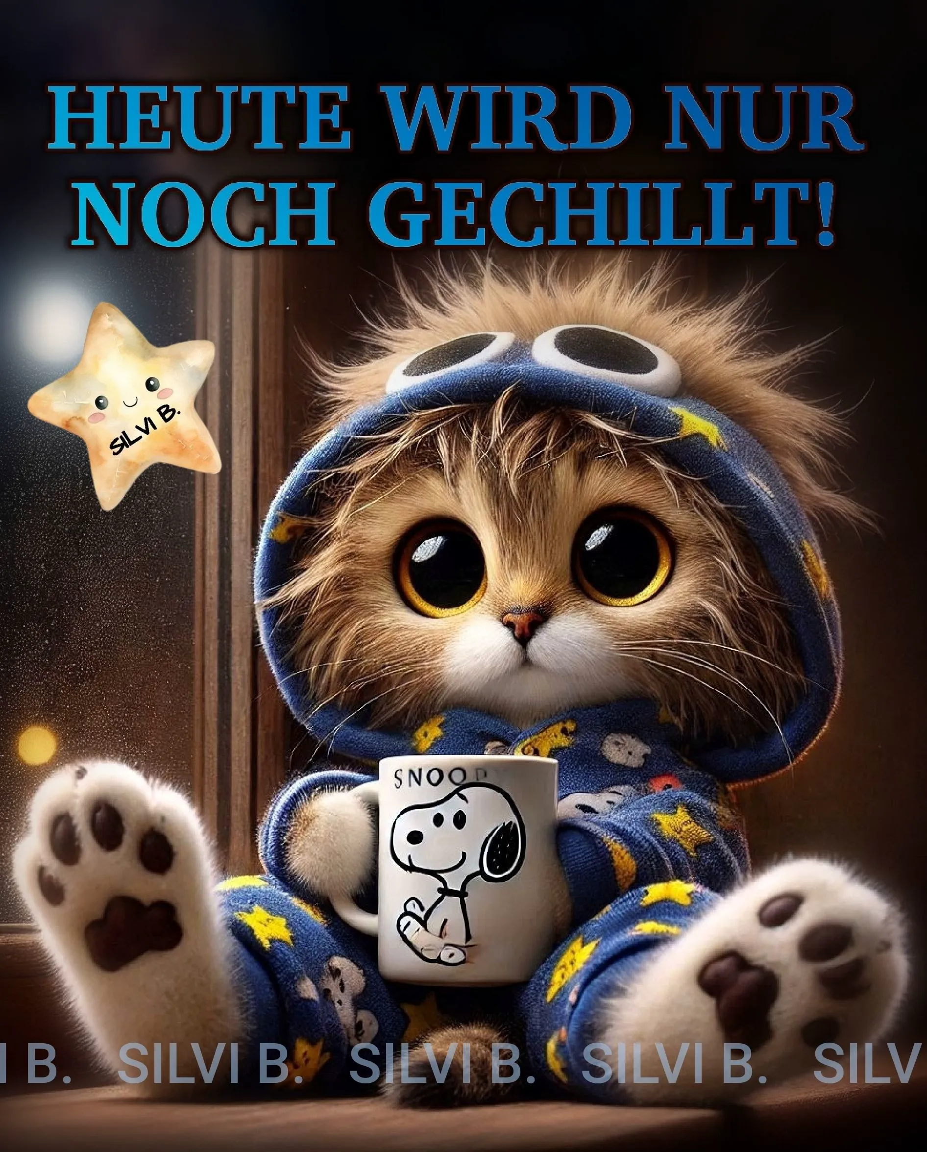 Ein niedliches Kätzchen in einem blauen Schlafanzug mit Snoopy-Tasse
